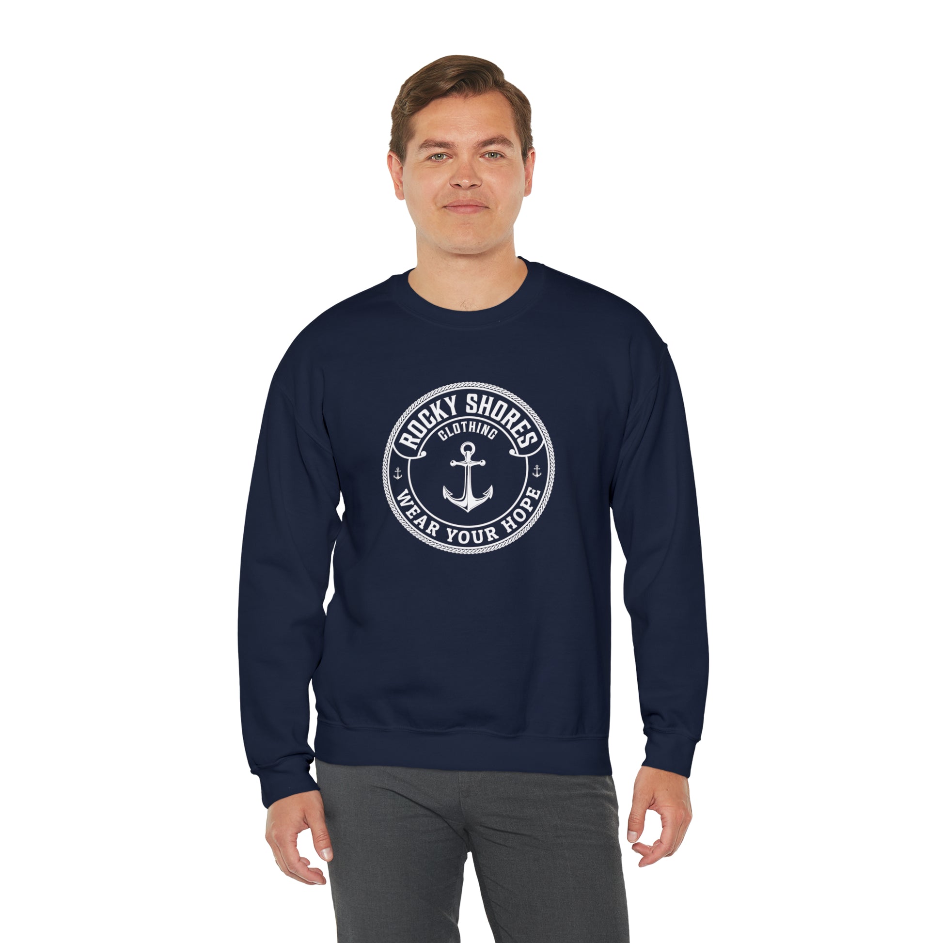 Introducing the "Rocky Shores Anchored In Hope Unisex Heavy Blend Crewneck Sweatshirt," where comfort meets versatility in a perfect blend.  Crafted with meticulous care, these sweatshirts are a blend of 50% cotton and 50% polyester, creating a harmonious balance between softness and durability.